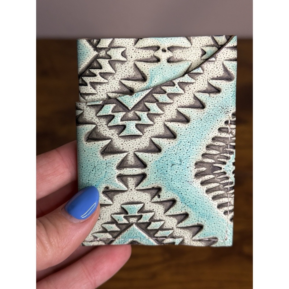 Turquoise Tooled Leather Aztec Card‎ Wallet Pocket Southwestern Small